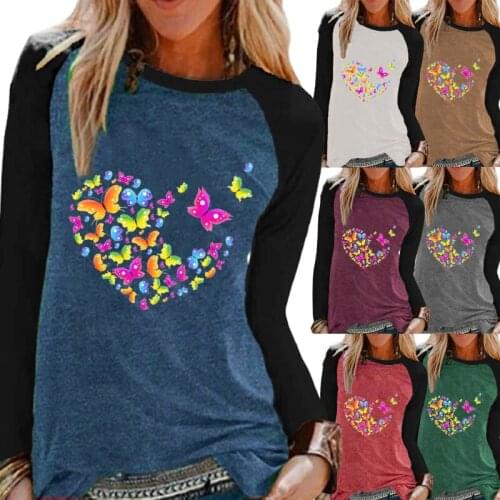 Ladies Autumn Fashion Casual Long Sleeve Top Ladies Round Neck Loose T-shirt Pullover Sweatshirt Butterfly Print Ladies T-shirt