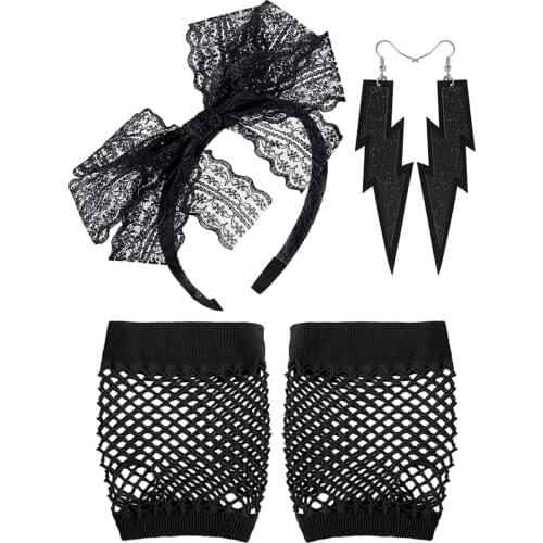 Women Costume Accessories Set 80s Lace Headband Neon Earrings Fingerless Fishnet Gloves for Pop 80s Party Fancy Dress Outfit