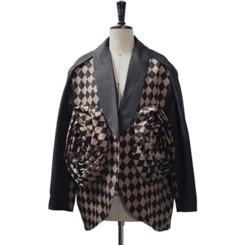 [Aurance] Loose Fit Black Flower Plaid Three-dimensional Big Size Jacket Lapel Long Sleeve Women Coat Fashion Tide Spring 2021