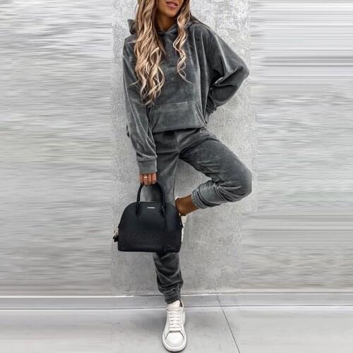 2020 Winter Fashion Velvet Pocket Design Hooded Top Sports Women Tracksuit Pants Sets Stacked Sweatpants Jogging Femme Pantalon
