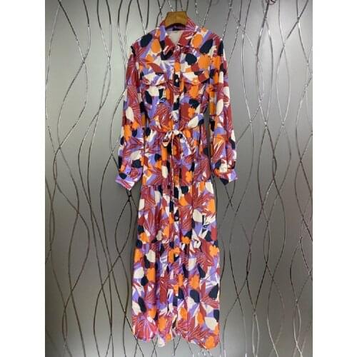 2021 Autumn Long Dress High Quality Women Turn-down Collar Color Block Floral Print Chest Pocket Long Sleeve Casual Maxi Dress