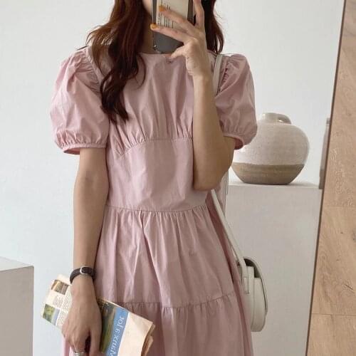 Women Summer Vintage Puff Sleeve Long A-line Dress Ruffle Slim Waist Brief Solid Color Midi Sundress