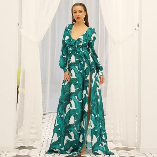 2020 Deep V-neck Two Split Print Beach Dresses Women Summer Kafftan Long Sleeve Ruffle Seaside Maxi Dresses