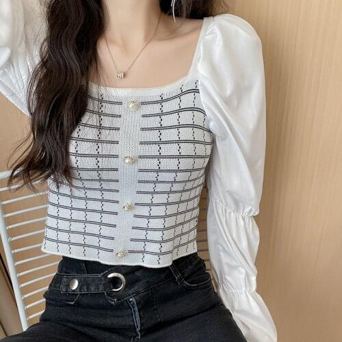 Knitted Patchwork Blouse Women Spring Fall Chic French Retro Shirt Sexy Square Collar Slim Fit Blouse Flare Sleeve Female Tops