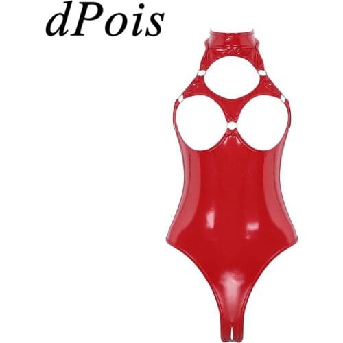 Women Sexy Wet Look Patent Leather Crotchless Open Bust Lingerie Halter Neck Hollow Out High Cut Thong Bodysuit Female Nightwear