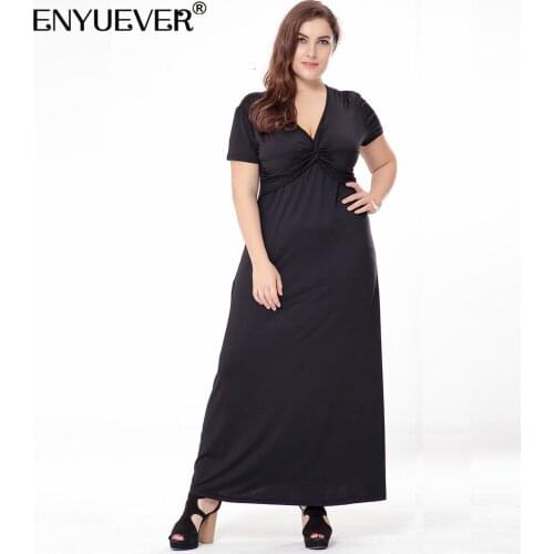 Enyuever Elegant Black Formal Dress 4XL Plus Size Women Clothing Short Sleeve High Waist V Neck Long Maxi Evening Party Dresses