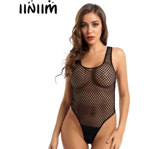 Iiniim Womens Sexy Bodycon Bodystocking Hollow Out Lingerie Teddies High Cut Thong Bodysuit Pole Dancing Clubwear Babydoll
