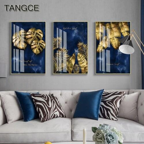 Golden Plant Leaves Canvas Painting Blue Fashion Big Poster Nordic Art Print Modern Minimalism Wall Picture Living Room Decor