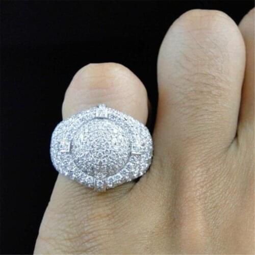 Round Ring Bling Shine Stones Micro Pave Chunky Sparkling Hip Hop Silver Tone