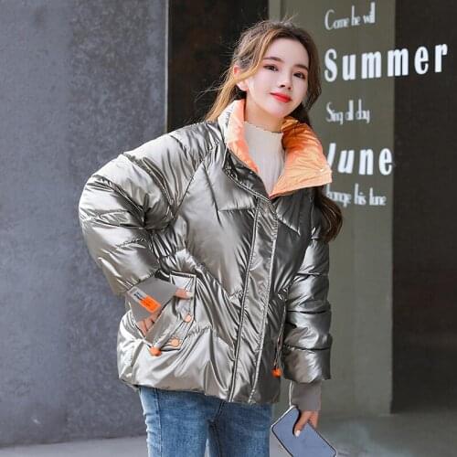 Glossy Winter Thick Warm Jacket for Women Casual Down Cotton Padded Short Shiny Parkas Stand Collar Windproof Female Bubble Coat