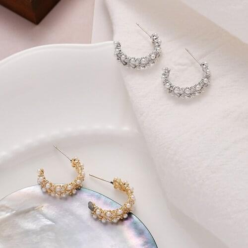 Minimalist Simulated Pearl Open Earrings for Women Girl Gold Color Metal Zircon C Shape Hoop Earrings Wedding Party Jewelry Gift