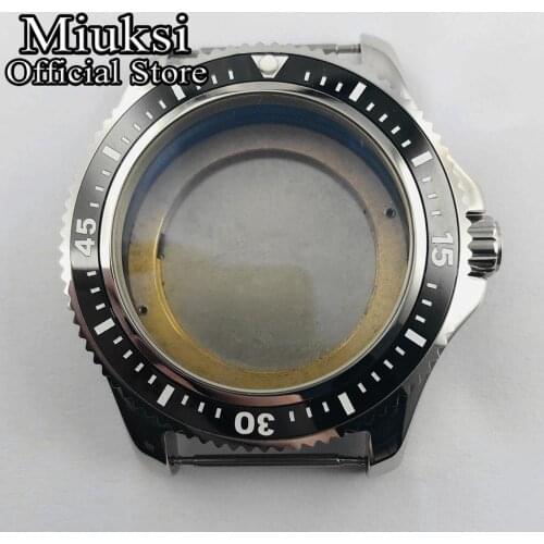 Miuksi 44mm silver stainless steel case ceramic bezel watch case fit ETA2836 Ming DG2813 3804 Miyota8205 8215 821A movement