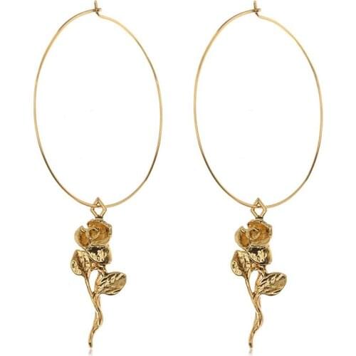 Trendy Rose Flower Heart Gold Color Hoops Pendant For Ladies Party Jewelry Big Circle Earrings Zinc Alloy Earrings Round