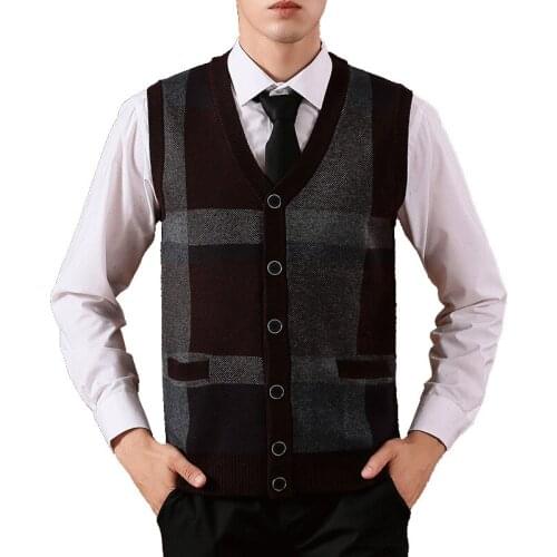 2019 NEW Mens Sweater Cardigan Buttons Down Knit Jacket Sleeveless Basic Vest Striped Wool Vintage Casual Clothing
