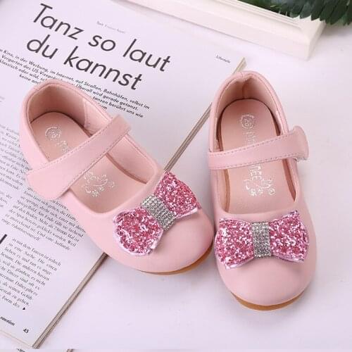 New Fashion Children Lady Girls Princess Shoes PU Leather toddler baby flat-with Kids Korea Sequined Rinestone Bow Sweet ShoeS