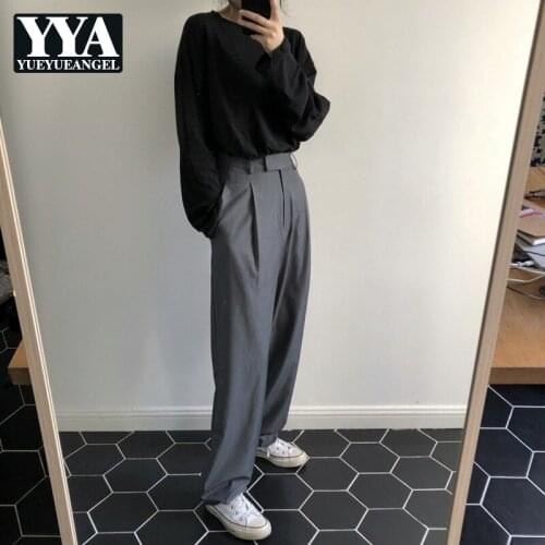 2021 Autumn New Korean Style Concise Elegant Loose Solid Womens Fashion Wide Leg Pants Office Lady High Waist Casual Suit Pants