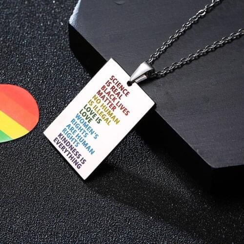 Modyle New Silver Color Stainless Steel Pendant Necklace Rainbow Letter Gay Lesbian LGBT Pride Wedding Necklace for Men Women