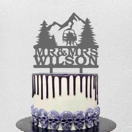 Personalized Bride and Groom Winter Wedding Cake Topper Custom Mr Mrs Name Winter Skiing Ski Lift Cake Topper YC211