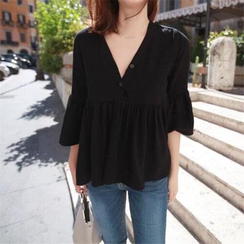 Oversized trumpet sleeve V-neck T-Shirt Top loose sweet belly covering women comfortable solid color cool and breathable