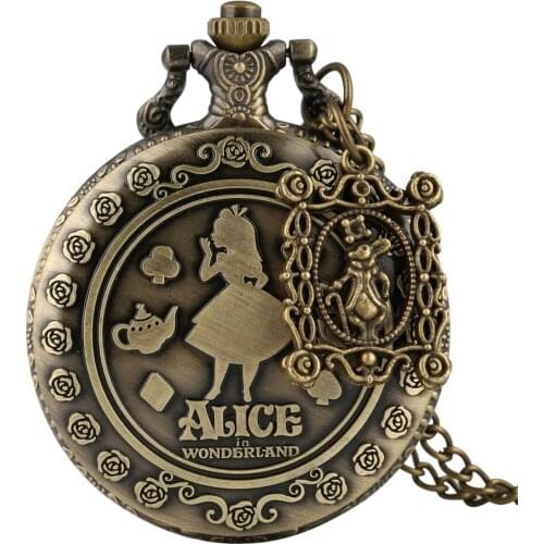 Retro Bronze Dream Alice in Wonderland Rabbit Poker Carousel Accessory Quartz Pocket Watch Chain Necklace Pendant for Girl Women