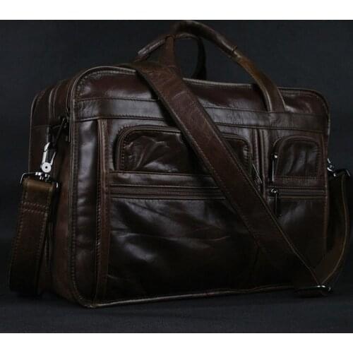 Luxury Genuine Leather Messenger Bag Men Leather shoulder bag Men crossbody Bag Tote Handbag Office 15"inch Laptop Bag Brown