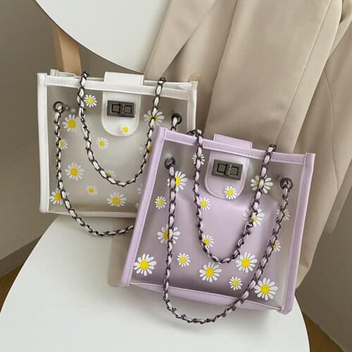 2 Set Composite Transparent PVC Handbag Daisy Flower Jelly Totes Clutch PU Leather Beach Holiday Travel Shoulder Crossbody Bag