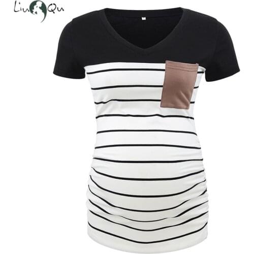 Short Sleeve Maternity Tops Pregnancy Summer Tees Striped V-Neck Tops for Pregnant Ladies Colorblock T-Shirts Women Clothing