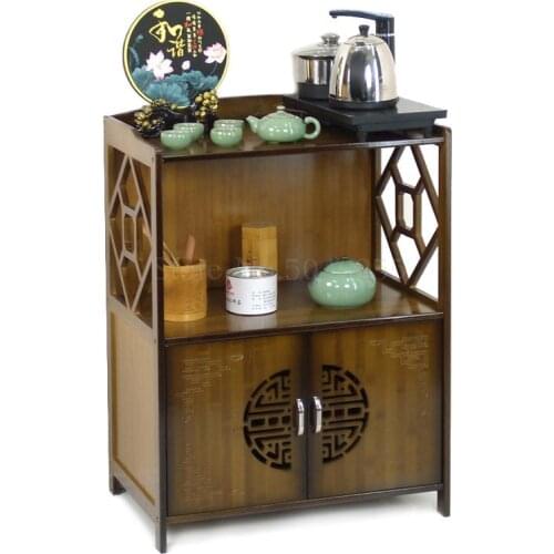 High-grade bamboo drinking water rack solid Dish storage cabinet rack induction cooker kettle tea set bucket shelf