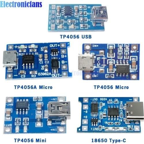 Type-C /Micro USB 5V 1A Li-ion 18650 TP4056 Lithium Battery Charger Module Charging Board With Protection Dual Functions