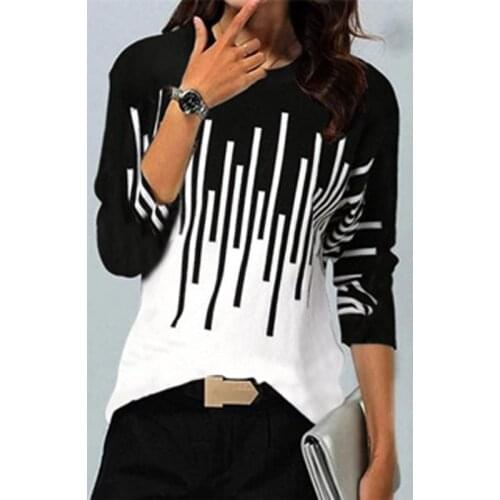 2021 Spring Striped Print Women T Shirt Fashion Round Neck Elegant Office Lady Shirts Autumn Long Sleeve Slim Fit Tee Tops Mujer
