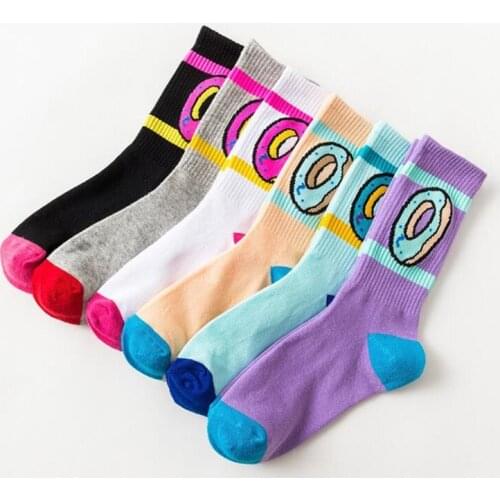 6 Colors Cute Donut Print Men Women Sock Fashion Striped Cotton Long Socks Novelty Skateboard Sock Sweat-absorbing Deodorant Sox