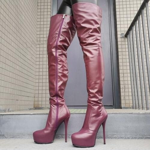 BERZIMER Women Thigh High Platform Boots Crotch Round Toe Zip Up Heels Boots Over Knee Unisex Shoes Woman Plus Size 40 42 44 52
