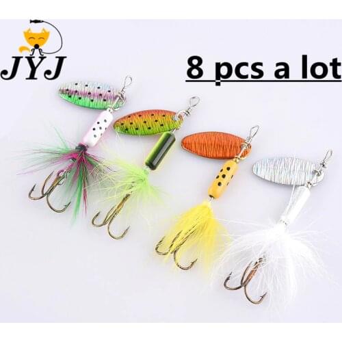 8pcs 8cm 3.58g Diving depth Metal Spoon Spinner Lure fishing tackle isca artificial ,feather treble hook , small spinner wobbler