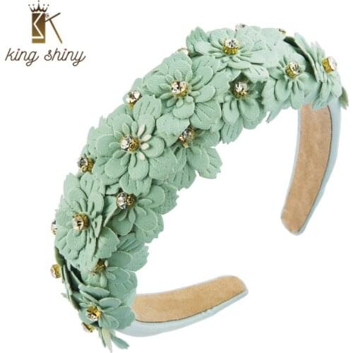 King Shiny Chic Candy Color Leather Flower Headband Temperament Sparkly Rhinestone Padded Hairband Bridal Wedding Hair Accessory