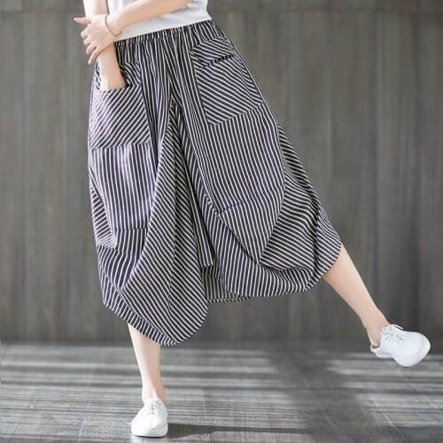 2021 Plus Size Summer Streetwear Casual Vintage Cotton Linen Pants Women Striped Elastic Waist Wide Leg Pants Harem Pants Trouse
