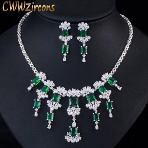 CWWZircons Vintage Green Cubic Zirconia Stone Big Dangle Drop Bridal Earring Necklace Costume Jewelry Set for Wedding Women T358