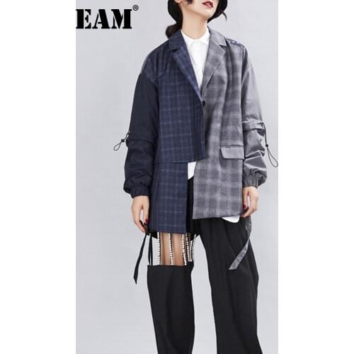 [EAM] 2021 New Spring Autumn Turn-down Collar Long Sleeve Hit Color Spliced Plaid Personality Jacket Women Coat Fashion JX694