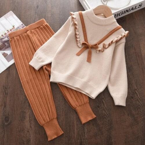 Girls Clothing Sets Children Autumn Winter Thicken Bow Knit Sweaters And Pants 2pcs Outfits Solid Color Casual Suits For Toddler