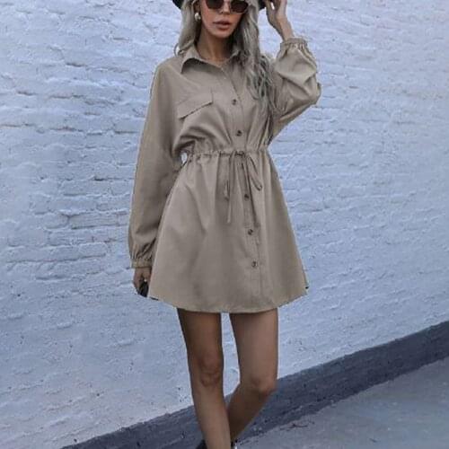 Womens Drawstring Mini Dresses A-line Casual Single Breasted Pocket Shirt Dress Female 2021 Summer Fashion Ladies Vestidos