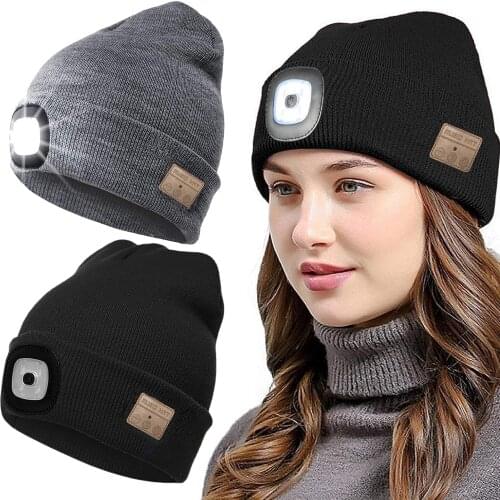 Fashion Bluetooth Beanie Hat Headphones Music Cap with LED Headlamp,Built-in Speakers Mic