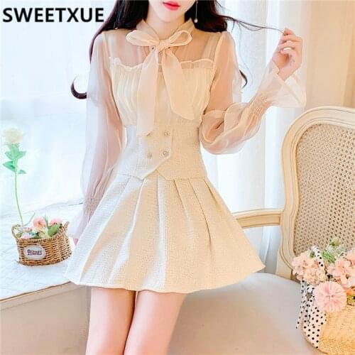 SWEETXUE 2021 Fashion Sweet Autumn French Puff Sleeve Bow Tweed Patchwork Top + Pleated Skirt Chic Two-piece Set Outfits