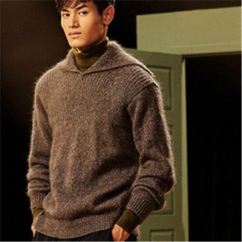 100% hand made pure wool big turn-down collar knit men fashion solid thick pullover sweater customized