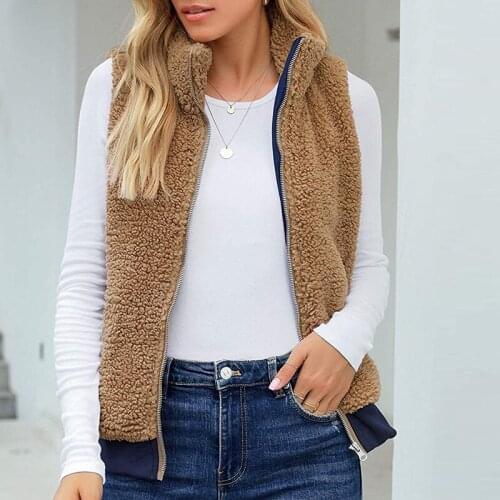 Women Zipper Vest Winter Jacket Coats 2021 Vintage Sleeveless Solid Warm Waistcoat Overcoat Plush Tank Pockets Coat New Outwear