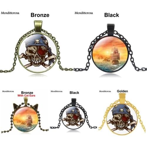 Mendittorosa Glass Cabochon Necklace Vintage Bronze Pendant Chain Necklace Women Jewelry Captain Jack Portrait