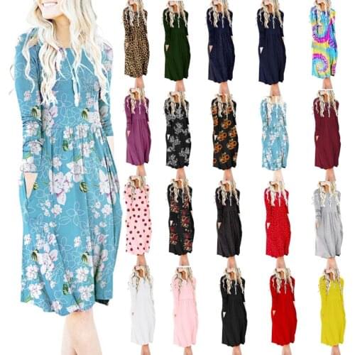 New Spring Autumn Dress Women Elegant O-Neck Long Sleeves Fashion Printed Solid Knee-Length Party Dresses Casual Loose Dress2021