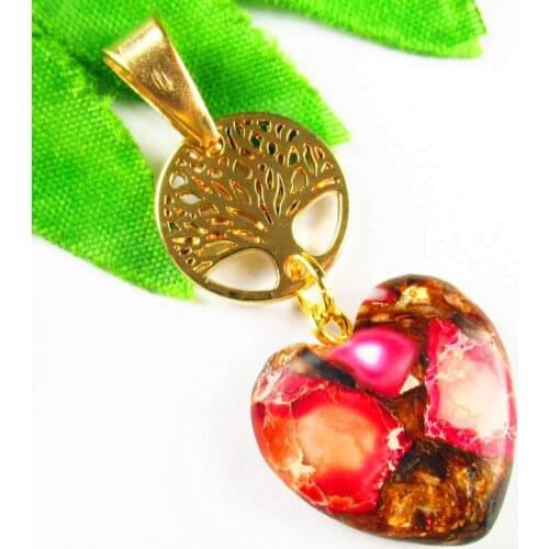 Peach Sea Sediment Copper Bornite Heart Tibetan Gold Life-tree Pendant 20x20x6mm/15x1mm Length:48mm