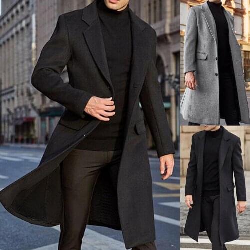 Dropshipping Winter Men Long Sleeve Buttons Jacket Overcoat Mid-length Trench Coat Jacket