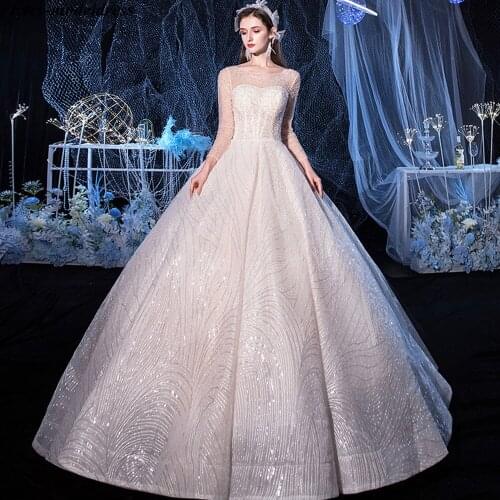 Luxury Shiny Lace Wedding Dress Sheer Long Sleeves Lace Up Back Beading Ball Gown Bride Dresses Wedding Gowns Vestido De Noiva