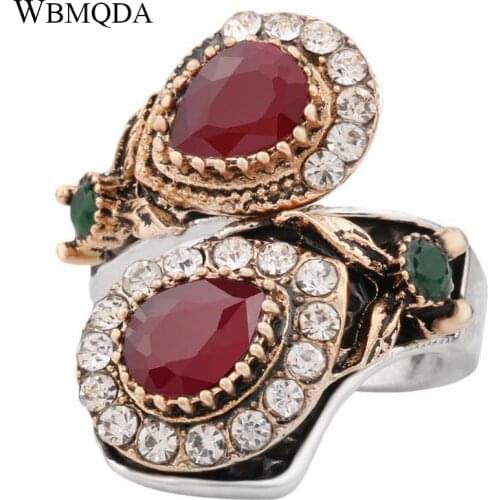 Luxury Vintage Boho Jewelry Double Water Drop Resin Ring Silver Color Crystal Wedding Engagement Rings For Women Free Shipping