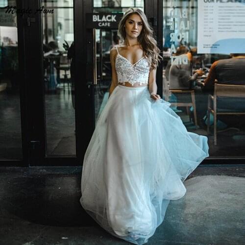 Magic Awn Glitter Two Pieces Wedding Dresses Spaghetti Straps Lace Appliques Sequins Shiny Boho Mariage Gowns Abito Da Sposa